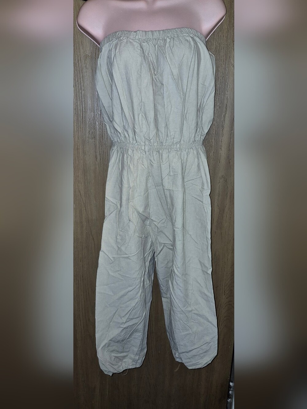Vintage 80s Tan BEIGE Strapless Jumpsuit Size L Capri Cotton
